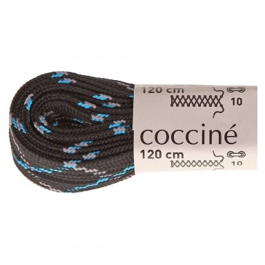 Melanžiniai batų raišteliai iš poliesterio, juodi su pilka ir mėlyna spalvomis (8 mm plokšti) 120 cm Coccine, 1 pora Melanžiniai batų raišteliai iš poliesterio, juodi su pilka ir mėlyna spalvomis (8 mm plokšti) 120 cm Coccine, 1 pora